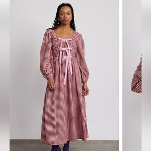 NWT Damson madder Dakota bow midi dress red check